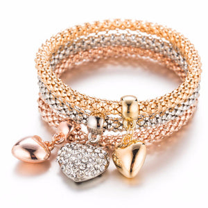 Strand, Set of three heart Charms bracelet,  gold, silver, copper. Fits most sizes7-9"